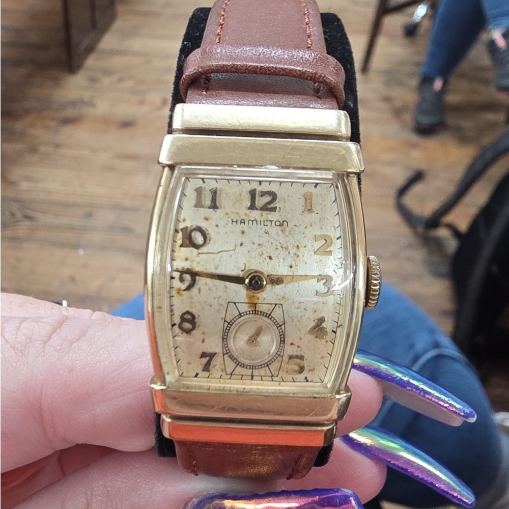 Vtg Hamilton "Foster" Hooded Lugs 10K Gold Filled Tonneau Case Watch Leather